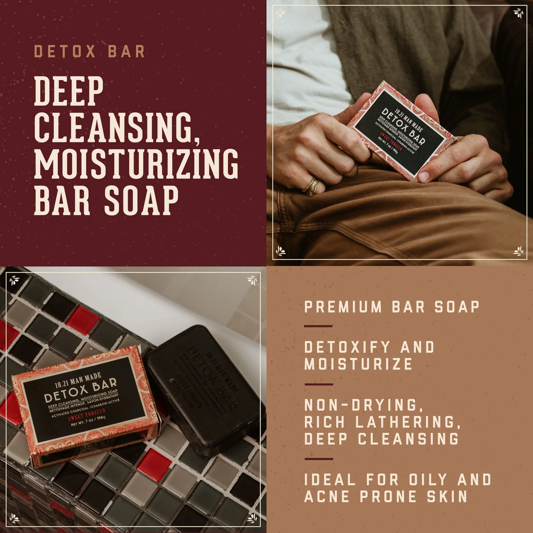 1821 Луксозен детокс сапун Detox Bar Soap with Charcoal & Sweet Tobacco Scent - 18.21 Man Made