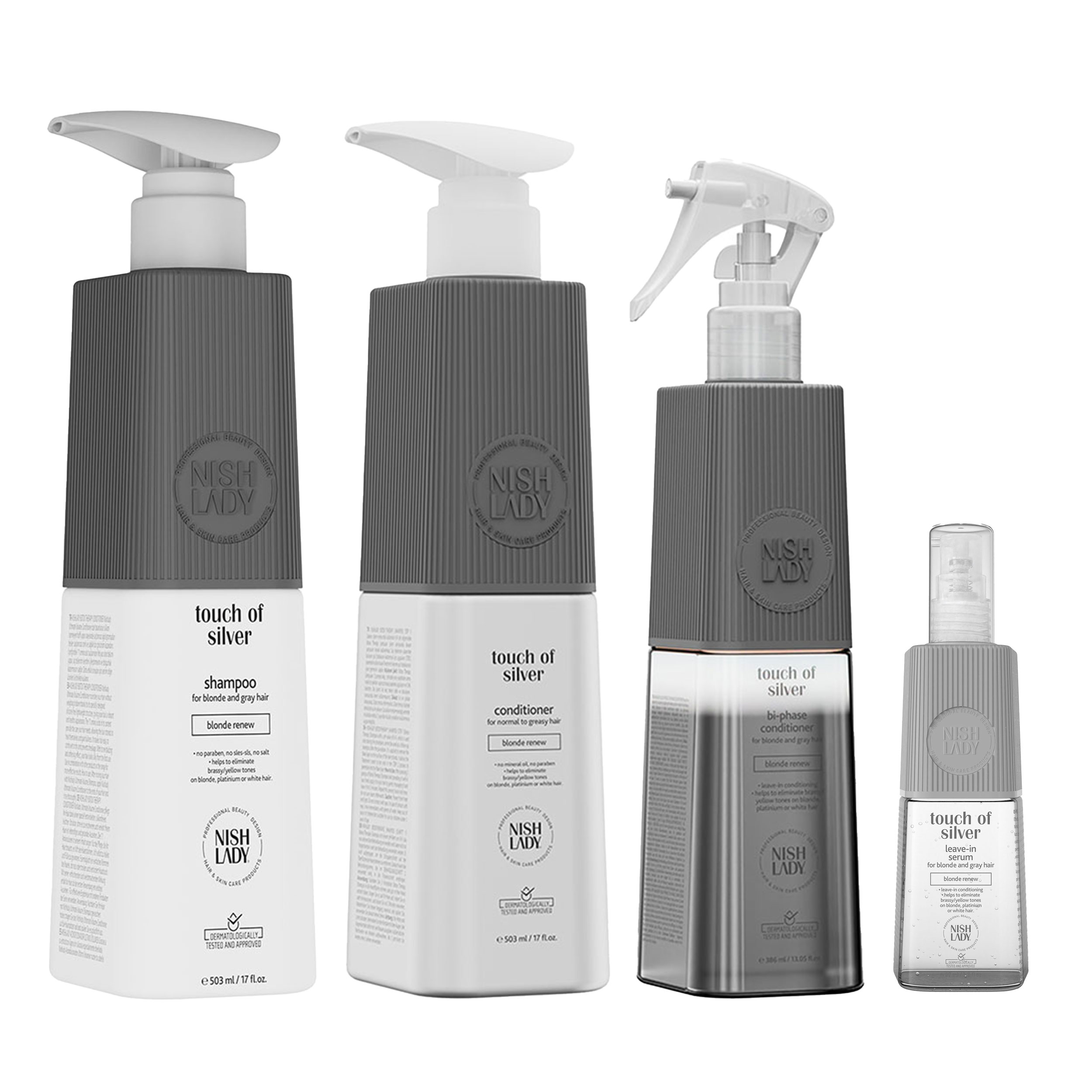 Nishlady_touch-of-silver_blond-renew_shampoo-conditioner-and-bi-phase-conditioner-leave-in-hair-serum-set Шампоан за руса коса Nish Lady Touch of Silver